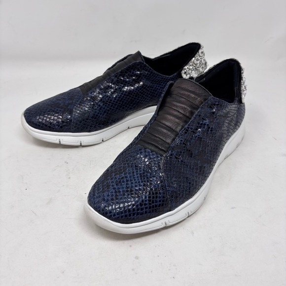 Sesto Meucci Cupid Snake Print Sneakers Size 8 Blue Leather Rhinestone Heels - Picture 1 of 12